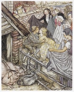 就在猪倌接第八十六个吻时"，安徒生《猪倌》插图 作者 亚瑟·拉克汉姆（Arthur Rackham）