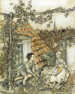 La Reine des neiges - 凯和格尔达在他们高高在上的花园里。为《雪女王》的故事提供的插图：拉克姆，阿瑟（1867-1939）。 作者 亚瑟·拉克汉姆（Arthur Rackham）