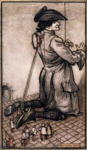 小人国裁缝为格列佛量体裁衣，阿瑟-拉克姆（1867-1939）为其绘制插图，选自乔纳森-斯威夫特的《格列佛游记》（都柏林）。 作者 亚瑟·拉克汉姆（Arthur Rackham）
