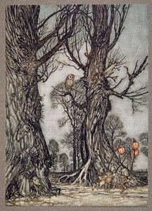 在前面运行冬季樱桃的连接者，来自JM Barrie（1860  -  1937）在肯辛顿花园的Peter Pan，酒吧。 1906年 作者 亚瑟·拉克汉姆（Arthur Rackham）