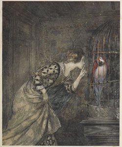 梅-科尔文和笼子里的鹦鹉 作者 亚瑟·拉克汉姆（Arthur Rackham）
