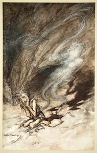 哑剧在他收到的鞭子下颤抖》，1910年。   作者 亚瑟·拉克汉姆（Arthur Rackham）