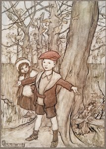 有一天，他们被一位仙女偷听，来自JM Barrie（1860  -  1937）肯辛顿花园的小潘。 1906年 作者 亚瑟·拉克汉姆（Arthur Rackham）