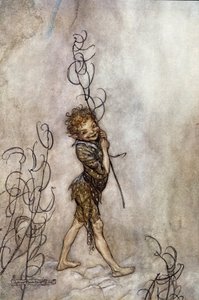 该剧的帕克角色。 威廉·莎士比亚的《夏夜之梦》插图 作者 亚瑟·拉克汉姆（Arthur Rackham）