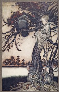 将他的奇怪案例放在Old Solomon Caw之前，由JM Barrie（1860  -  1937年）在肯辛顿花园的Peter Pan，酒吧。 1906年 作者 亚瑟·拉克汉姆（Arthur Rackham）