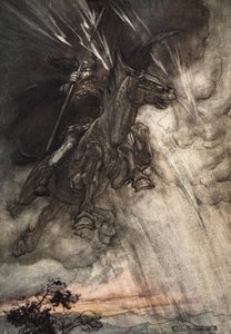 怒吼，沃坦骑上巨石！ 他像暴风一样来了！，“莱茵金与女武神”的卷首 作者 亚瑟·拉克汉姆（Arthur Rackham）