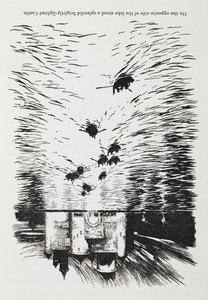 Rowing boats on a river approaching a castle at night. 作者 亚瑟·拉克汉姆（Arthur Rackham）