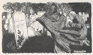 晚上，斯克鲁奇和墓地里的鬼魂。 作者 亚瑟·拉克汉姆（Arthur Rackham）