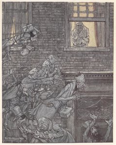斯克鲁奇在窗前看着下面街道上的鬼魂 作者 亚瑟·拉克汉姆（Arthur Rackham）