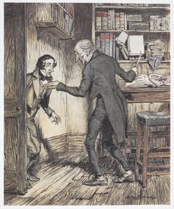 史古治在办公室写作，另一个人走进来 作者 亚瑟·拉克汉姆（Arthur Rackham）