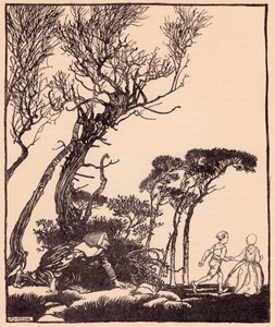 她偷偷地跟在他们后面，就像女巫一样。 亚瑟·拉克姆 (Arthur Rackham) 为格林童话《弟弟和妹妹》绘制的插图。 作者 亚瑟·拉克汉姆（Arthur Rackham）