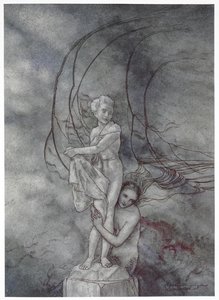 她用双臂环抱着这个大理石人像，这个人像和王子是如此相像"。小美人鱼》故事插图。 作者 亚瑟·拉克汉姆（Arthur Rackham）