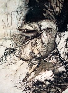 齐格弗里德杀死了法夫纳》，1924年。 作者 亚瑟·拉克汉姆（Arthur Rackham）
