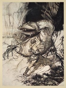 齐格弗里德杀死了Fafner，插图来自&39;Siegfried和众神的暮光&39;，1924年 作者 亚瑟·拉克汉姆（Arthur Rackham）