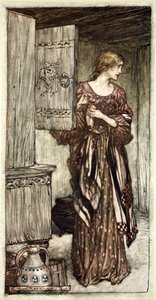 Sieglinde为Hunding准备晚上的酒水》，1910年。   作者 亚瑟·拉克汉姆（Arthur Rackham）
