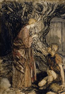 Siegmund和Sieglinde，来自Rhinegold的插图和Valkyrie的理查德·瓦格纳，Heinemann，1910年（笔和墨水在纸上写着） 作者 亚瑟·拉克汉姆（Arthur Rackham）