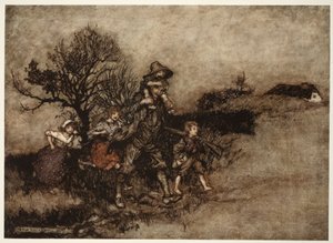 酒店周围环绕着一群儿童，来自华盛顿欧文的Rip Van Winkle酒吧。 1910 作者 亚瑟·拉克汉姆（Arthur Rackham）