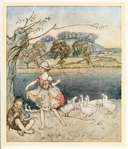 大衣人跳舞，而鹅毛管，来自《英国童话》，出版。1922. 作者 亚瑟·拉克汉姆（Arthur Rackham）