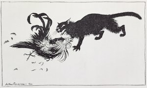 “猫与公鸡”，“伊索寓言”中的插图，由Heinemann出版，1912年 作者 亚瑟·拉克汉姆（Arthur Rackham）