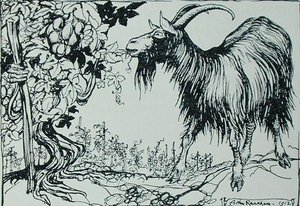 山羊和藤蔓》，插图来自《伊索寓言》，由海涅曼出版。 作者 亚瑟·拉克汉姆（Arthur Rackham）