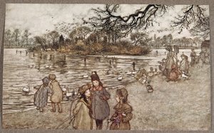 所有鸟类出生的岛屿都是婴儿男孩和女孩，来自JM Barrie（1860  -  1937）在肯辛顿花园的Peter Pan酒吧。 1906年 作者 亚瑟·拉克汉姆（Arthur Rackham）