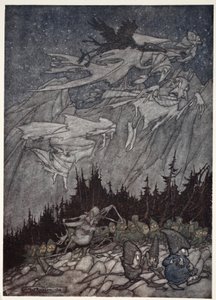 Kaatskill山一直被奇怪的生物所困扰，来自Rip Van Winkle，华盛顿欧文，酒吧。 1910 作者 亚瑟·拉克汉姆（Arthur Rackham）