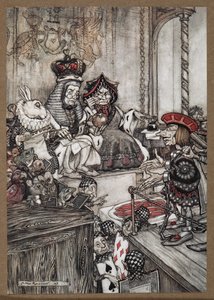 红桃K在被告席上，被红桃皇后和红桃国王指控偷了蛋挞 作者 亚瑟·拉克汉姆（Arthur Rackham）