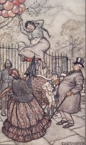 坐在外面的气球女士，来自JM Barrie（1860  -  1937）在肯辛顿花园的Peter Pan酒吧。 1906年 作者 亚瑟·拉克汉姆（Arthur Rackham）