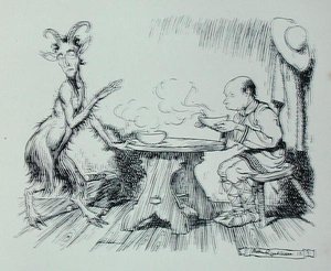 人与羊》，来自《伊索寓言》的插图，由海涅曼出版。 作者 亚瑟·拉克汉姆（Arthur Rackham）