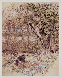 鼹鼠乞求允许自己打开包装，由Kenneth Grahame（1859  -  1932），酒吧中的Wind in the Willows。 1940年 作者 亚瑟·拉克汉姆（Arthur Rackham）