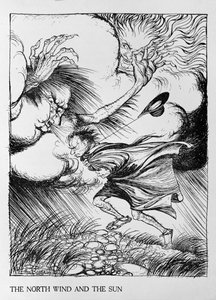 北风和太阳，来自&39;Aesop&39;s Fables&39;的插图，由Heinemann出版，1912年 作者 亚瑟·拉克汉姆（Arthur Rackham）