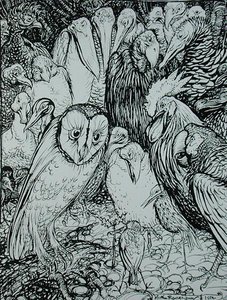 猫头鹰和小鸟，来自《伊索寓言》的插图，由海涅曼出版。 作者 亚瑟·拉克汉姆（Arthur Rackham）