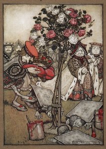 女王、国王和红心骑士从装扮成卡片的男人身边走过，将玫瑰丛涂成红色 作者 亚瑟·拉克汉姆（Arthur Rackham）