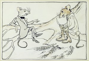 城镇鼠标和乡村鼠标，来自Aesops Fables的插图，1912年出版（笔和墨水在纸上用wc） 作者 亚瑟·拉克汉姆（Arthur Rackham）