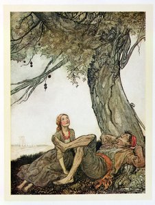 旅行者和梧桐树，来自&39;Aesop&39;s Fables&39;的插图，由Heinemann出版，1912年 作者 亚瑟·拉克汉姆（Arthur Rackham）
