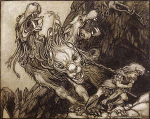 赫拉克勒斯的第十二次工作，来自希腊英雄的插图，由BG Niebuhr，1903年（钢笔和墨水在纸上） 作者 亚瑟·拉克汉姆（Arthur Rackham）