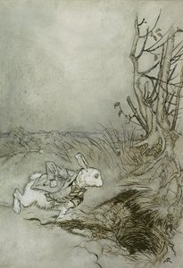白兔，1907年“爱丽丝梦游仙境”中的插图（笔，墨水和纸上写的） 作者 亚瑟·拉克汉姆（Arthur Rackham）