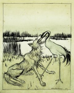 狼与鹤-伊索寓言，1912年 作者 亚瑟·拉克汉姆（Arthur Rackham）