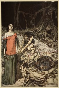 1910年，哈根的母亲格里希尔德从“齐格弗里德与众神的暮光之城”中求爱 作者 亚瑟·拉克汉姆（Arthur Rackham）