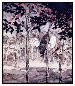 他们站在外面，充满了野蛮和恐怖。来自爱尔兰童话中Cesh Corran的魔法洞穴 作者 亚瑟·拉克汉姆（Arthur Rackham）