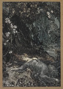 泰坦妮娅躺着睡着了。 《仲夏夜之梦》中的场景。 作者 亚瑟·拉克汉姆（Arthur Rackham）