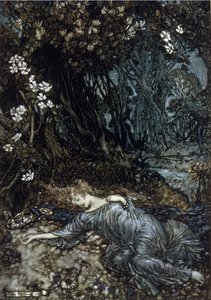 Titania the Queen of Fees is sleeping. Illustration by Arthur RACKHAM (1867-1939) for The Dream of a Summer Night by William SHAKESPEARE 作者 亚瑟·拉克汉姆（Arthur Rackham）