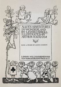 封面有玫瑰丛、白兔和打扮成卡片的男人 作者 亚瑟·拉克汉姆（Arthur Rackham）