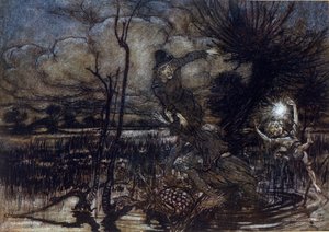 两个角色没能淹死在沼泽里，帕克帮助他们生火。 亚瑟·拉克汉姆 (1867-1939) 为威廉·莎士比亚的夏夜之梦绘制的插图 作者 亚瑟·拉克汉姆（Arthur Rackham）