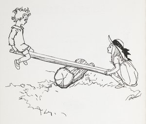 两个孩子在锯木架上 作者 亚瑟·拉克汉姆（Arthur Rackham）