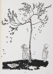 两个孩子试图把一只猫从树上弄下来。 作者 亚瑟·拉克汉姆（Arthur Rackham）
