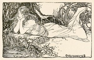 凝视着水面的恩迪娜，来自《恩迪娜》。 作者 亚瑟·拉克汉姆（Arthur Rackham）