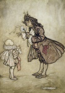 当女王陛下想知道时间时，来自肯辛顿花园的Peter Pan，JM Barrie，酒吧。作者：Hodder和Stoughton，1906年（笔和墨水在纸上用wc） 作者 亚瑟·拉克汉姆（Arthur Rackham）