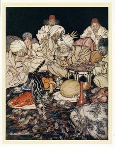 当Puss看到老鼠和老鼠时，她并没有等到被告知，来自English Fairy Tales，pub。 1922年 作者 亚瑟·拉克汉姆（Arthur Rackham）