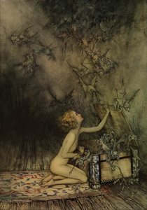 年轻的女孩和蝙蝠般 作者 亚瑟·拉克汉姆（Arthur Rackham）